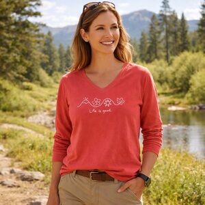 Life is Good Womens Long Slv Tee Large L  Four Seasons V-Neck Coral Classic Fit